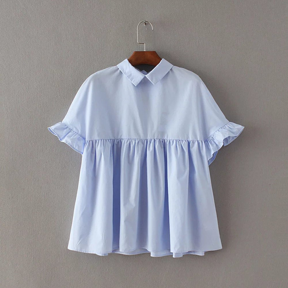 Novelty cropped women lapel collar blouses lady fold lotus sleeves loose shirt tops with bow LBBI0510-2