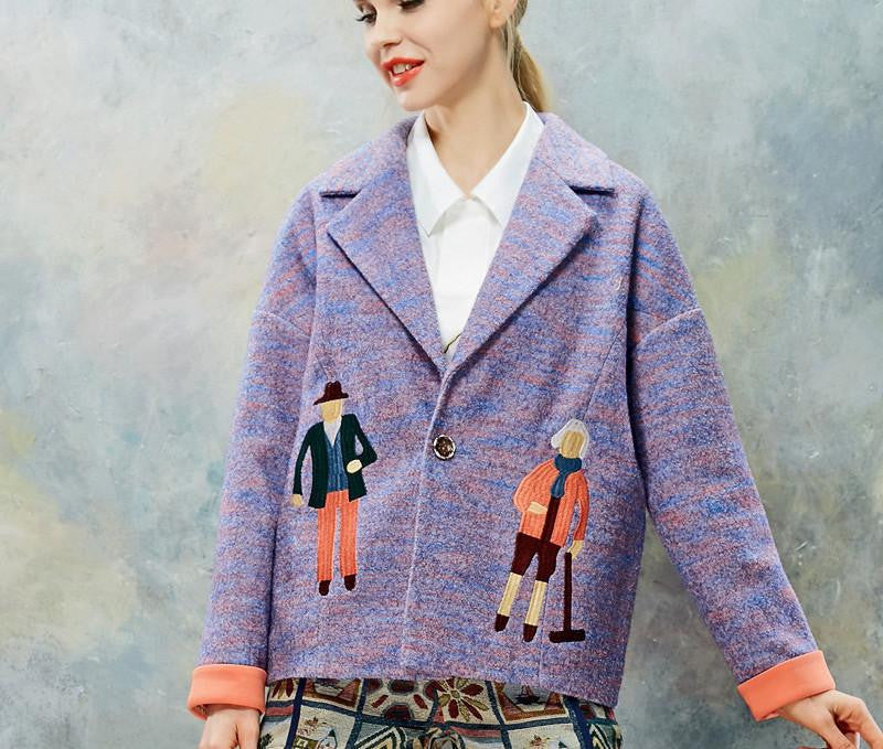 Online discount shop Australia - ELF SACK Women BrandCharacter Pattern Embroidery Coat Short Loose Jacket Women's Casual Turn-down Collar Outerwear