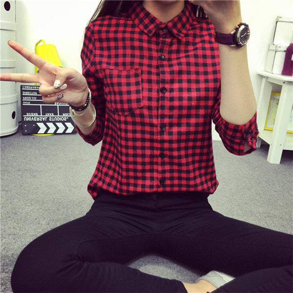 Online discount shop Australia - Ladies Female Casual Cotton Long Sleeve Plaid Shirt Women Slim Outerwear Blouse Tops Size S-XXL