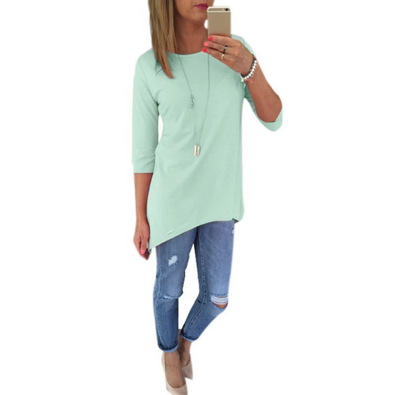 Women 3/4 Sleeve Long Tops Blouse Shirt Ladies Beach BOHO Mini Dress S-XL