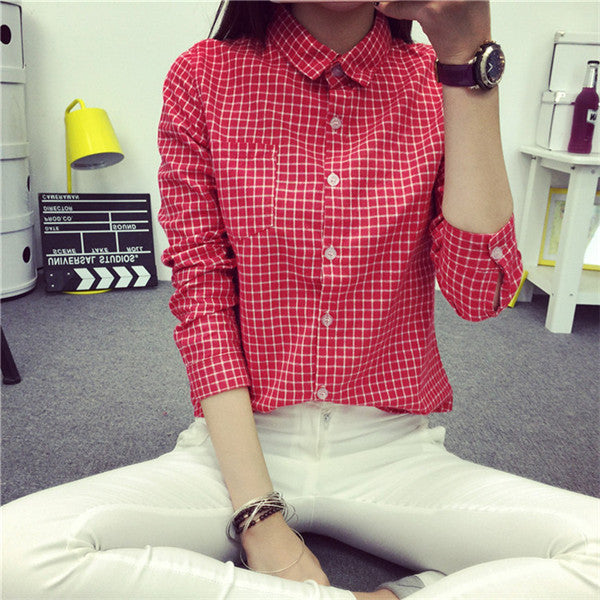 small Plaid Women Blouse Casual Lapel Shirt OL Long Sleeve Cotton Shirts Women Classic Grid Shirts Tops Pluse size
