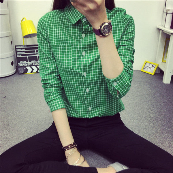 small Plaid Women Blouse Casual Lapel Shirt OL Long Sleeve Cotton Shirts Women Classic Grid Shirts Tops Pluse size