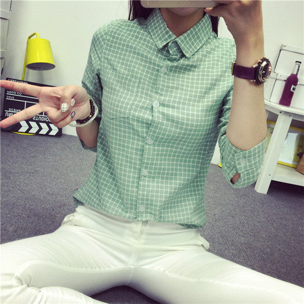 small Plaid Women Blouse Casual Lapel Shirt OL Long Sleeve Cotton Shirts Women Classic Grid Shirts Tops Pluse size