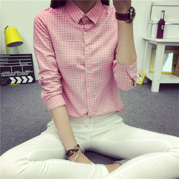 small Plaid Women Blouse Casual Lapel Shirt OL Long Sleeve Cotton Shirts Women Classic Grid Shirts Tops Pluse size
