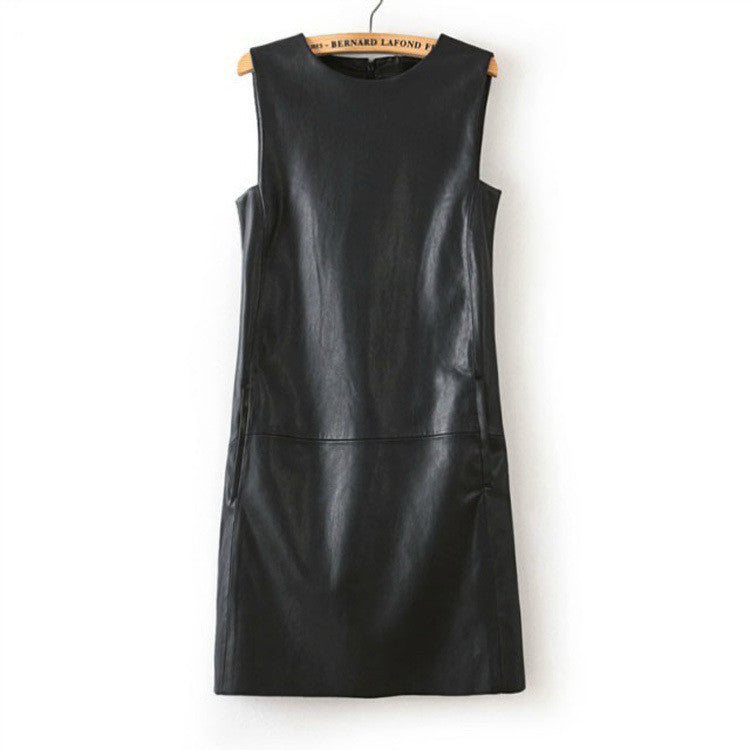 Plus Size Skirt European Women Faux PU Leather Straight Sleeveless Knee-Length Skirt