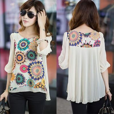 Women Blouses Fashion Casual Female Tops Loose Pleats Retro Printed Chiffon Blouse Plus Size XXL