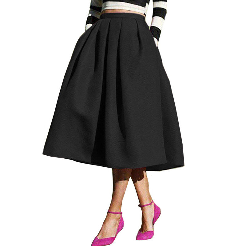 Fashion Women's European Style Famous High Waist Pockets Flare Pleated Spring Latest Vintage A Line Midi Skirt-Dollar Bargains Online Shopping Australia