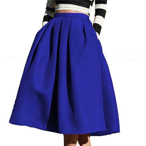 Fashion Women's European Style Famous High Waist Pockets Flare Pleated Spring Latest Vintage A Line Midi Skirt-Dollar Bargains Online Shopping Australia