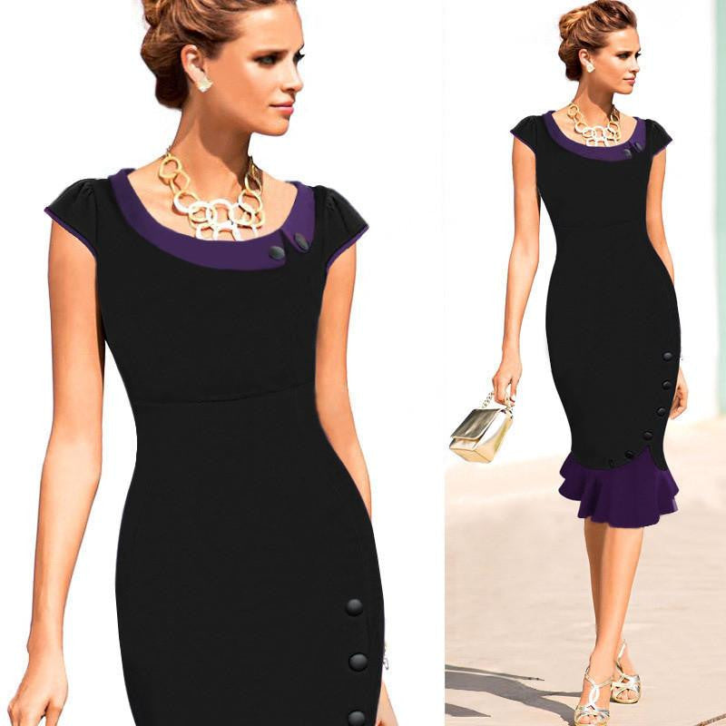 Womens Vintage Elegant Formal Lace Button Patchwork Tunic Wear To Work Party Wiggle Pencil Bodycon Dress