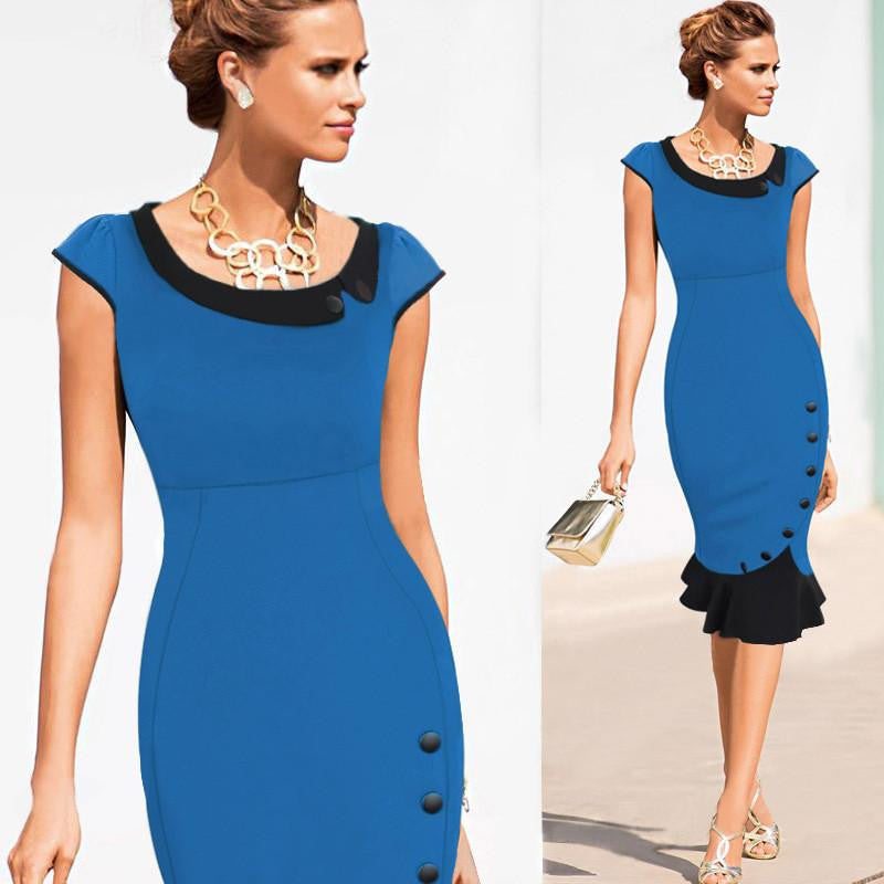 Womens Vintage Elegant Formal Lace Button Patchwork Tunic Wear To Work Party Wiggle Pencil Bodycon Dress