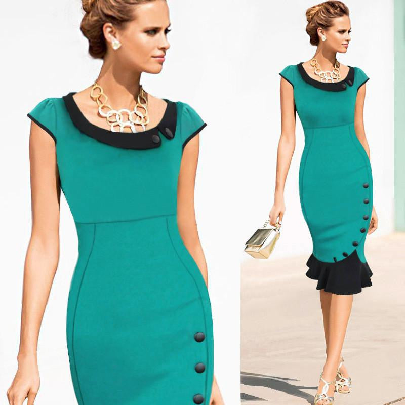 Womens Vintage Elegant Formal Lace Button Patchwork Tunic Wear To Work Party Wiggle Pencil Bodycon Dress