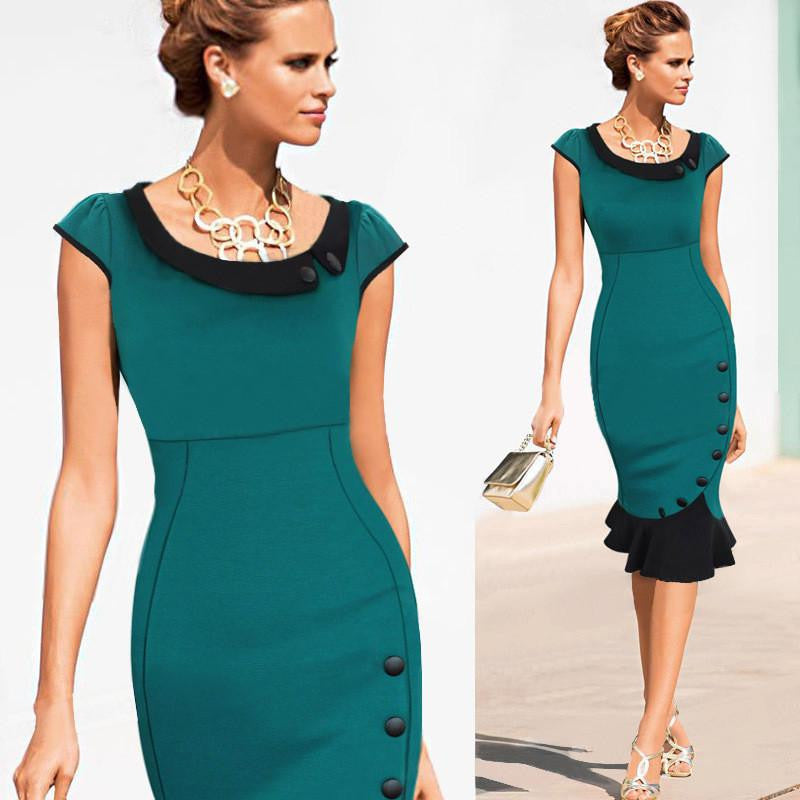 Womens Vintage Elegant Formal Lace Button Patchwork Tunic Wear To Work Party Wiggle Pencil Bodycon Dress