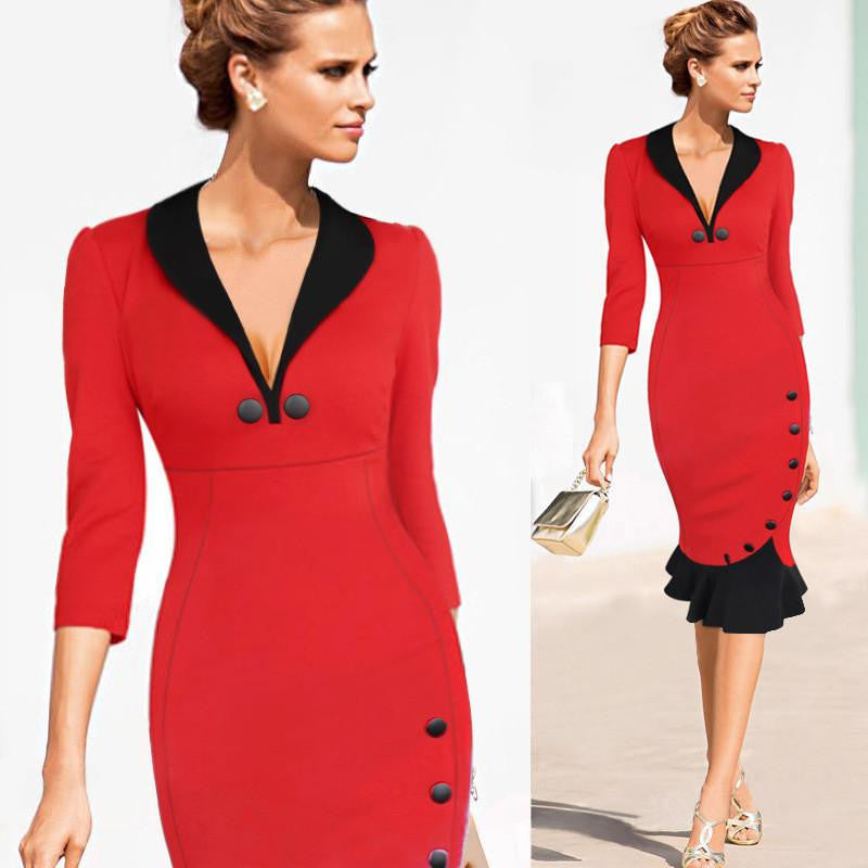 Womens Vintage Elegant Formal Lace Button Patchwork Tunic Wear To Work Party Wiggle Pencil Bodycon Dress