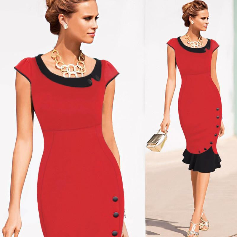 Womens Vintage Elegant Formal Lace Button Patchwork Tunic Wear To Work Party Wiggle Pencil Bodycon Dress