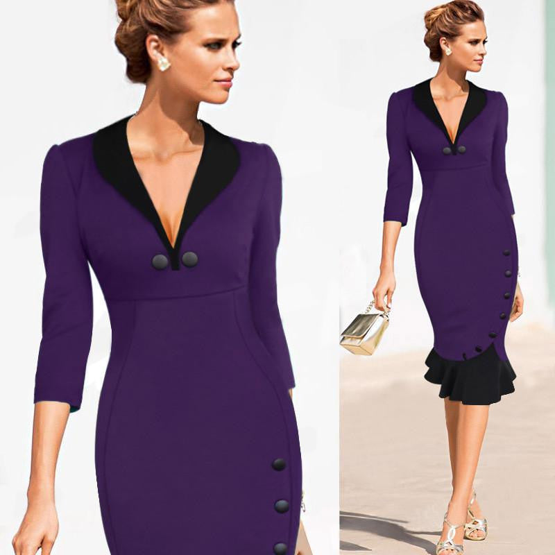 Womens Vintage Elegant Formal Lace Button Patchwork Tunic Wear To Work Party Wiggle Pencil Bodycon Dress