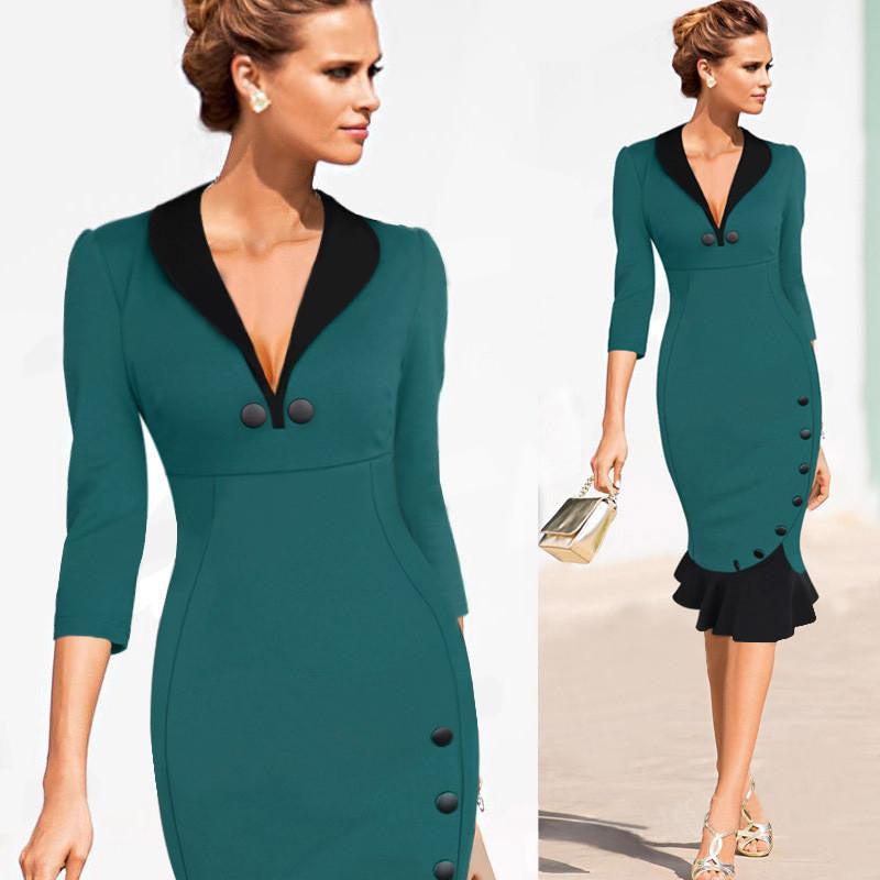 Womens Vintage Elegant Formal Lace Button Patchwork Tunic Wear To Work Party Wiggle Pencil Bodycon Dress