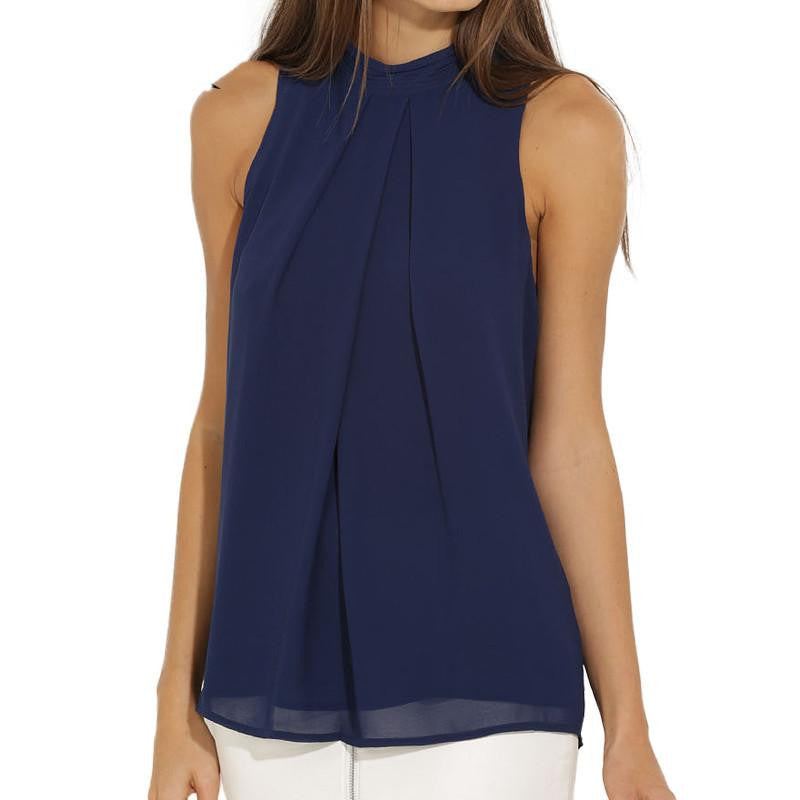 Women Blouse plus size female clothing women tops chic elegant sleeveless blue chiffon blouse lady tops