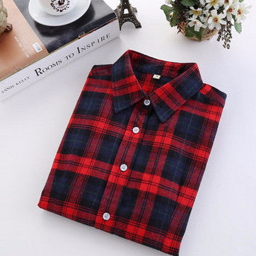 Online discount shop Australia - female new fashion long sleeve college style casual plaid shirts / women's pure cotton large yard slim sanded shirt