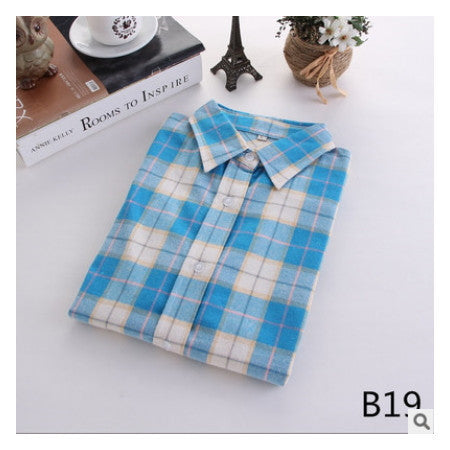 Online discount shop Australia - female new fashion long sleeve college style casual plaid shirts / women's pure cotton large yard slim sanded shirt