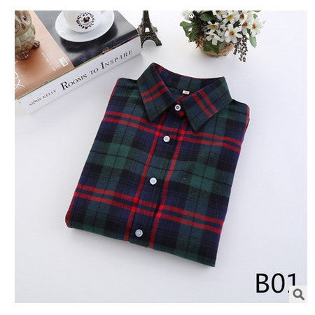Online discount shop Australia - female new fashion long sleeve college style casual plaid shirts / women's pure cotton large yard slim sanded shirt