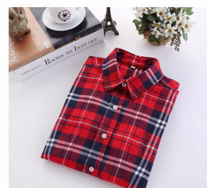 Online discount shop Australia - female new fashion long sleeve college style casual plaid shirts / women's pure cotton large yard slim sanded shirt