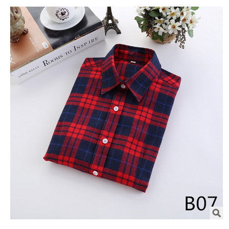 Online discount shop Australia - female new fashion long sleeve college style casual plaid shirts / women's pure cotton large yard slim sanded shirt