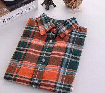 Online discount shop Australia - female new fashion long sleeve college style casual plaid shirts / women's pure cotton large yard slim sanded shirt