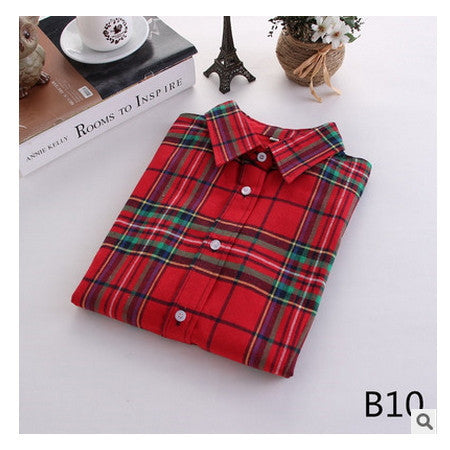 Online discount shop Australia - female new fashion long sleeve college style casual plaid shirts / women's pure cotton large yard slim sanded shirt