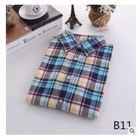 Online discount shop Australia - female new fashion long sleeve college style casual plaid shirts / women's pure cotton large yard slim sanded shirt
