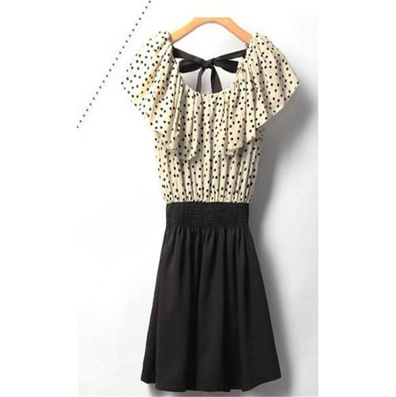Women Dress Without Belt Short Sleeve Chiffon Dots Polka Waist Mini Dress