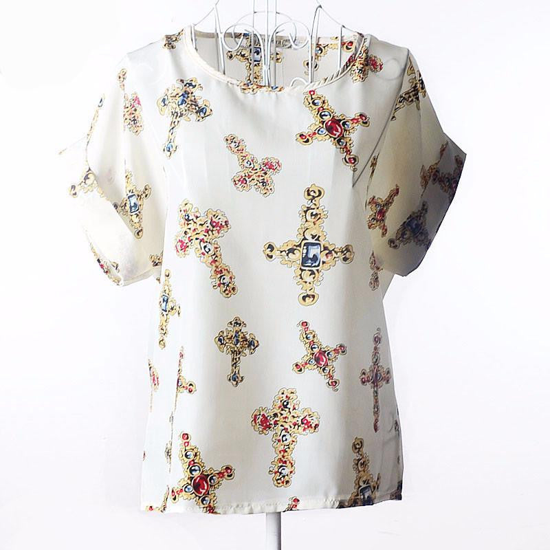 Tribal Bird Plaid Print Batwing Short Sleeve Chiffon Blouses Women Fashion Ladies White Shirt Tunic Tops