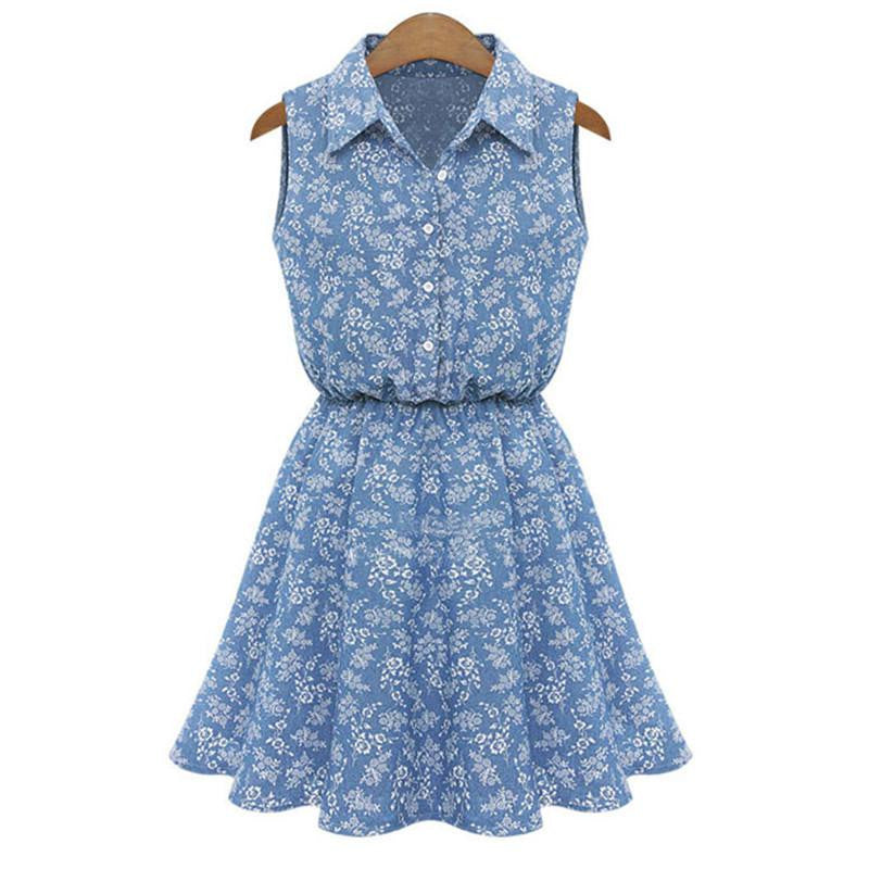 Summer Fashion Denim Dress Blue Floral Short Mini Dress Cute Girls Turn Drown Shirt-collar Sleeveless Women Dresses