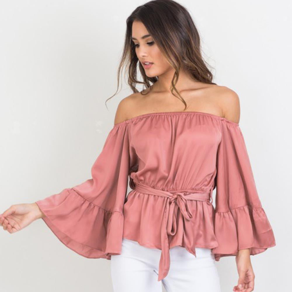 Online discount shop Australia - ForeFair trend ruffles sexy slash neck satin blouse long flare sleeve elegant belted silk women blouses plus size sexy tops