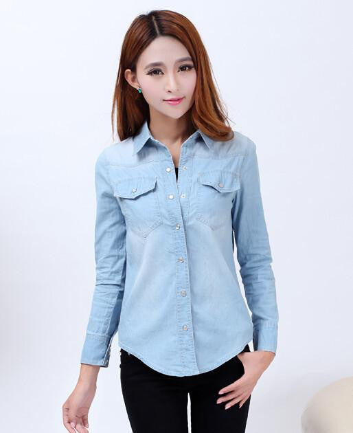 Woman Denim Shirts Fashion Style Long Sleeve Casual Shirt Women 2 Colors Blouses Plus Size