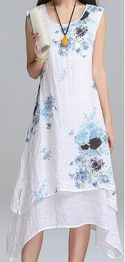 Summer dress Fashion sleeveless women dress casual cotton Linen dress Printed o-neck