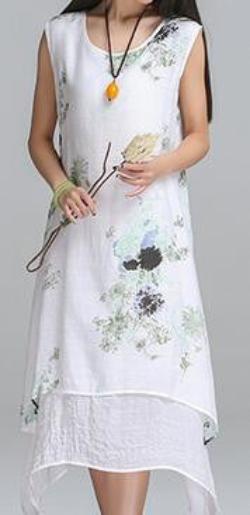 Summer dress Fashion sleeveless women dress casual cotton Linen dress Printed o-neck