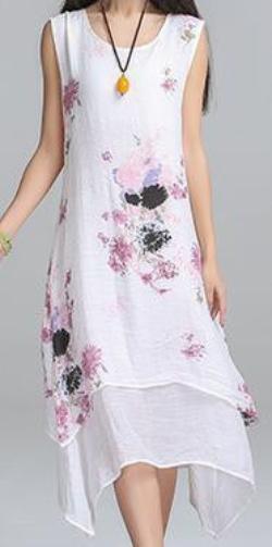 Summer dress Fashion sleeveless women dress casual cotton Linen dress Printed o-neck