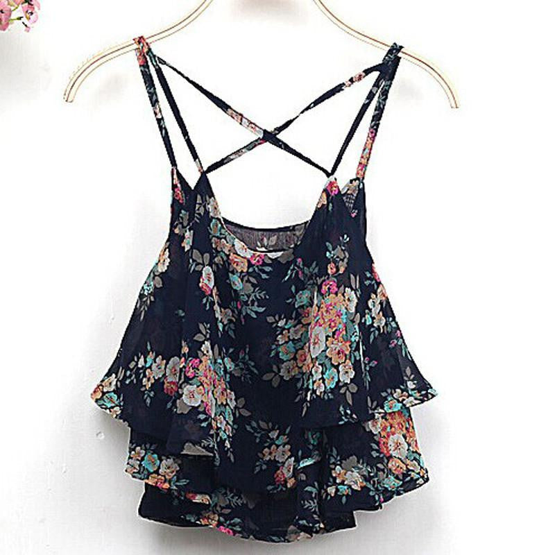 Online discount shop Australia - 4 Colors Women Clothing Spaghetti Strap Floral Print Chiffon Shirt Vest Blouses Crop Top