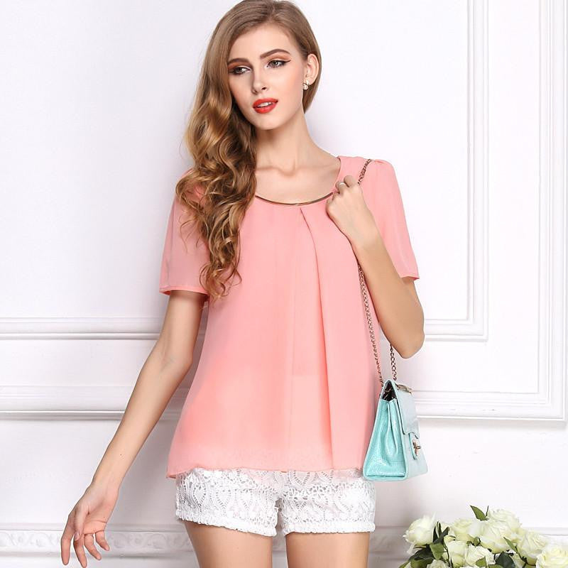 Shirt Female Fashion Plus Size Women Clothing Solid Chiffon Shirt Short-Sleeved Blouse Blouses
