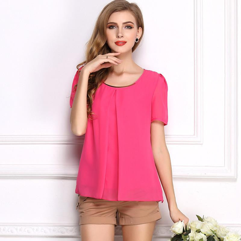 Shirt Female Fashion Plus Size Women Clothing Solid Chiffon Shirt Short-Sleeved Blouse Blouses