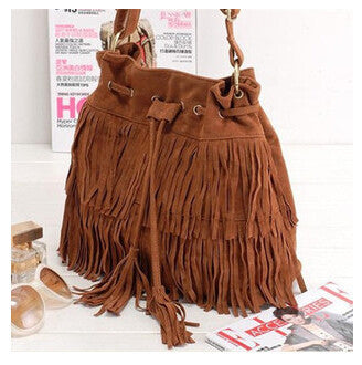 Women Suede Drawstring Bucket Bag Women vintage Handbag Faux Fringe Tassel Shoulder bags lady Messenger Bag WHC7521-Dollar Bargains Online Shopping Australia