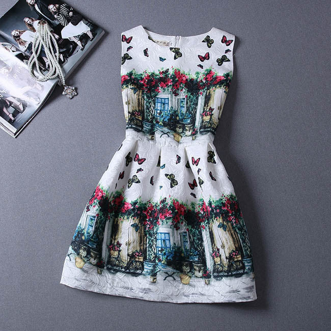 Online discount shop Australia - Fashion Women Summer Autumn Casual Vintage Vest Party Dress Floral Printed Princess Sleeveless Slim Dresses Clothing Vestidos