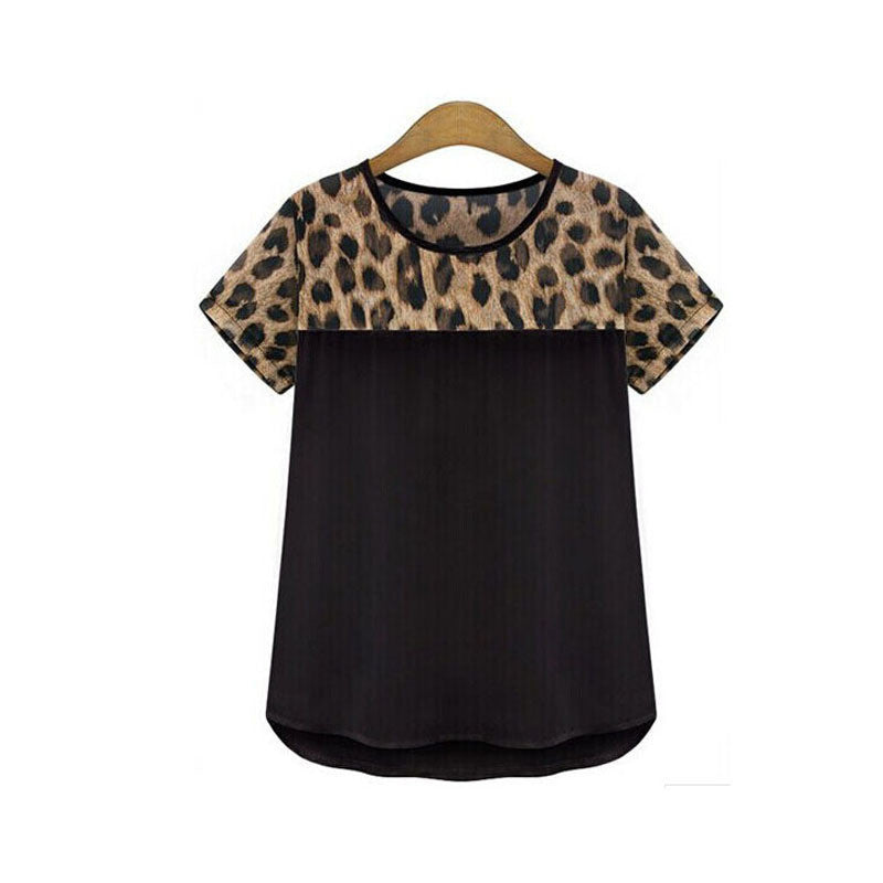 Women 's clothing Leopard Printing Chiffon Short Casual Shirt Tops Blouse Plus size