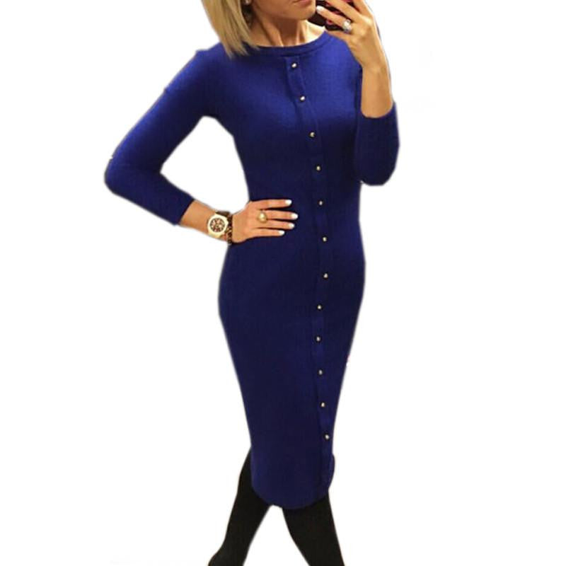 Warm Women Knitted Mid-calf O-neck Dresses package hip Sheath Bodycon Dress With Buttons LX062