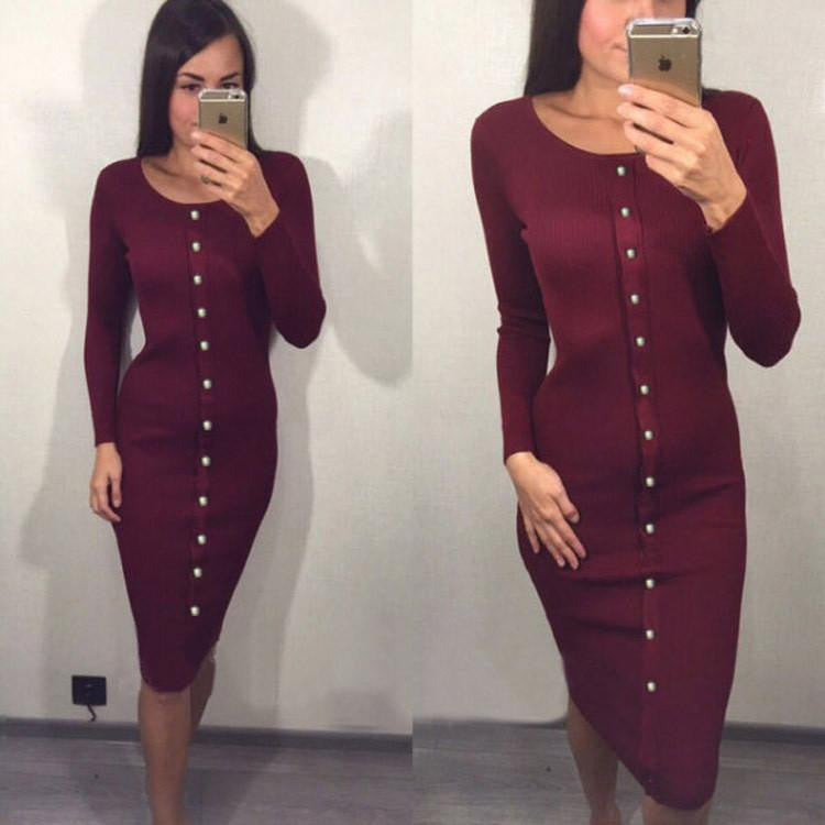Warm Women Knitted Mid-calf O-neck Dresses package hip Sheath Bodycon Dress With Buttons LX062
