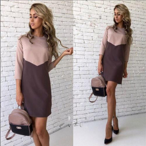 Women Casual Patchwork Mini Dress Autumn Winter O-Neck Three Quarter Sleeve Bodycon Dress GV397