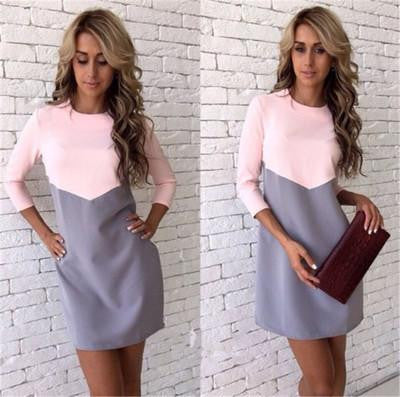 Women Casual Patchwork Mini Dress Autumn Winter O-Neck Three Quarter Sleeve Bodycon Dress GV397