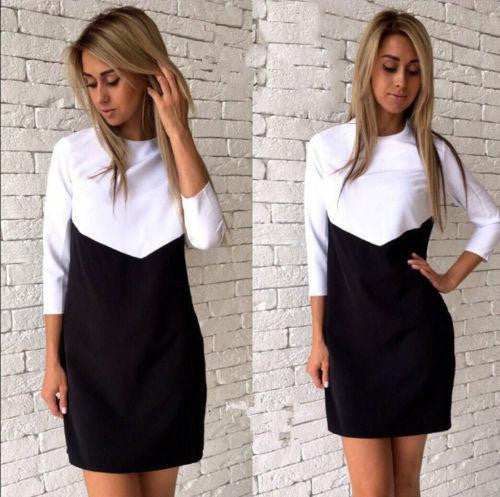 Women Casual Patchwork Mini Dress Autumn Winter O-Neck Three Quarter Sleeve Bodycon Dress GV397