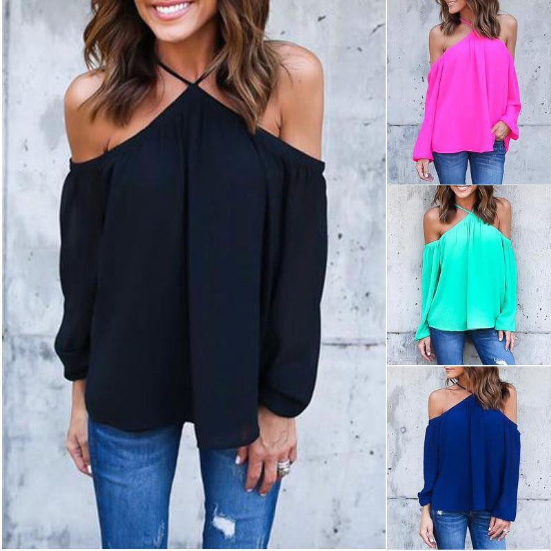 Halter O-Neck Off Shoulder Chiffon Women Blouse Casual Long Sleeve Club Party Plus Size Tops