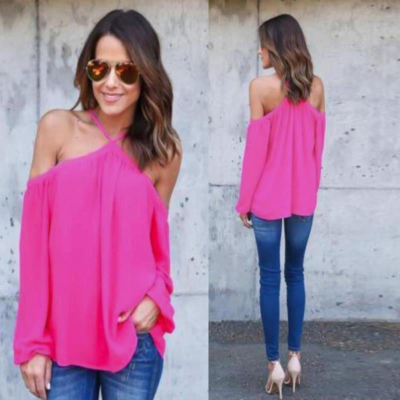 Halter O-Neck Off Shoulder Chiffon Women Blouse Casual Long Sleeve Club Party Plus Size Tops